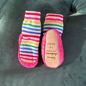 Hanna Andersson Pink Moccasins with Striped Socks